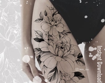 Può includere: Un design di tatuaggio in bianco e nero a linea di un grande fiore con foglie sulla gamba di una persona. Il design è etichettato "Custom Tattoo Design" e "Instant Download".