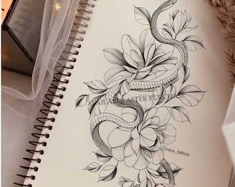 May include: A black and white line drawing of a snake wrapped around a flower. The snake is curled around the flower, and its tail is hanging down. The flower has a large, open bloom with petals that are curled and twisted. The drawing is done in a realistic style, and the details are very fine.