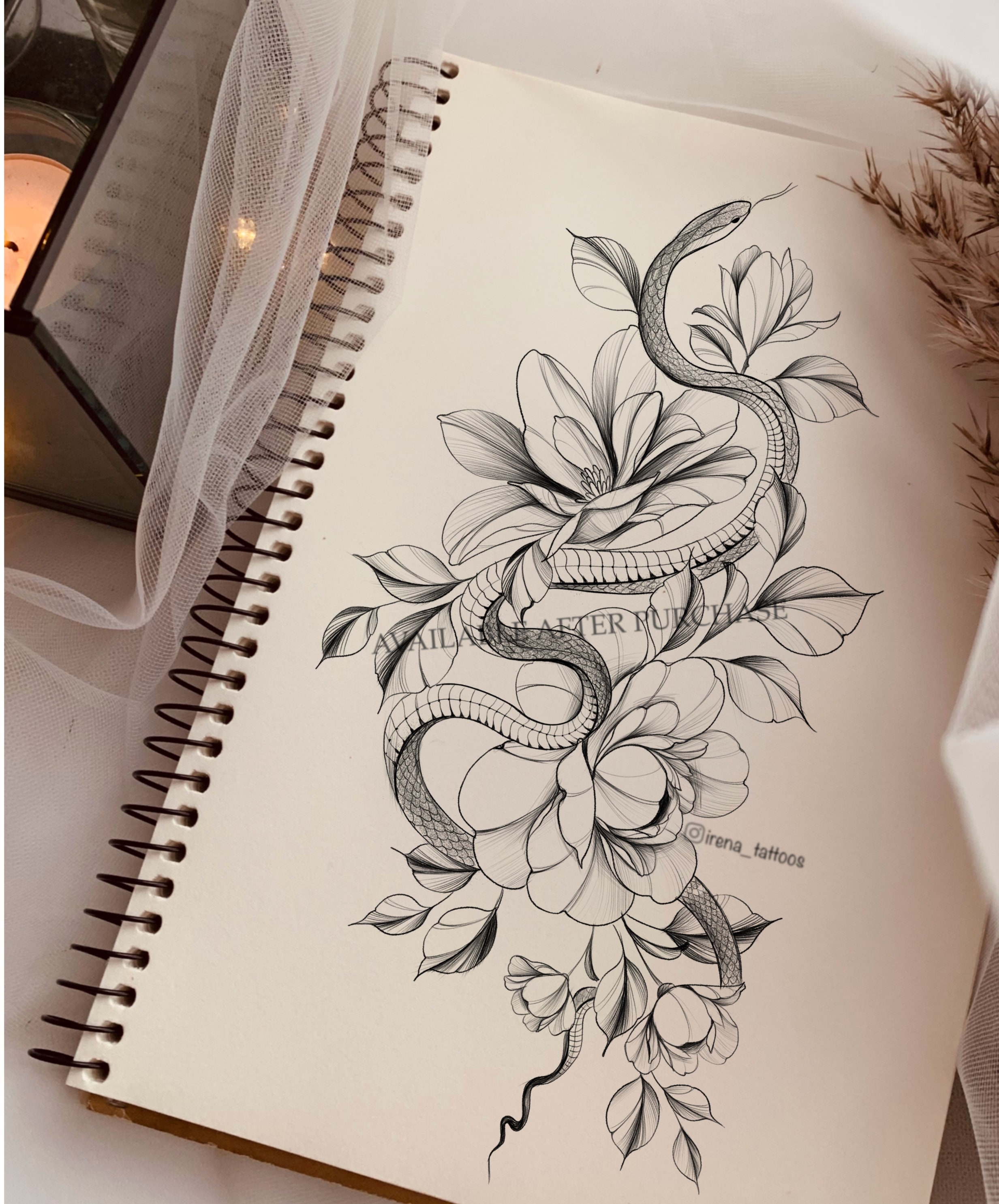 Premium Vector  Tattoo art snake and flower drawing and sketch