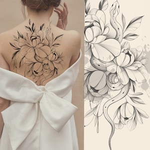 Tattoo Design | Instant download | Peonies win Snake Tattoo | Printable stencil | Original Tattoo | Digital Design