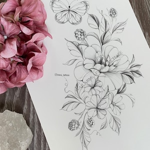 Floral Tattoo design | Instant download | Printable stencil | Digital art | Peony flowers with raspberry and butterfly