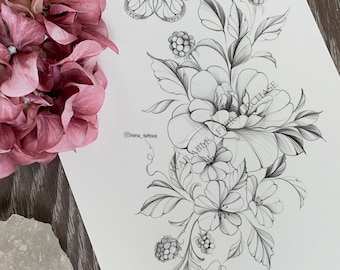 Floral Tattoo design | Instant download | Printable stencil | Digital art | Peony flowers with raspberry and butterfly