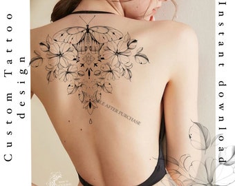 May include: A black and white line art tattoo design of a butterfly with floral accents. The design is shown on a person's back.