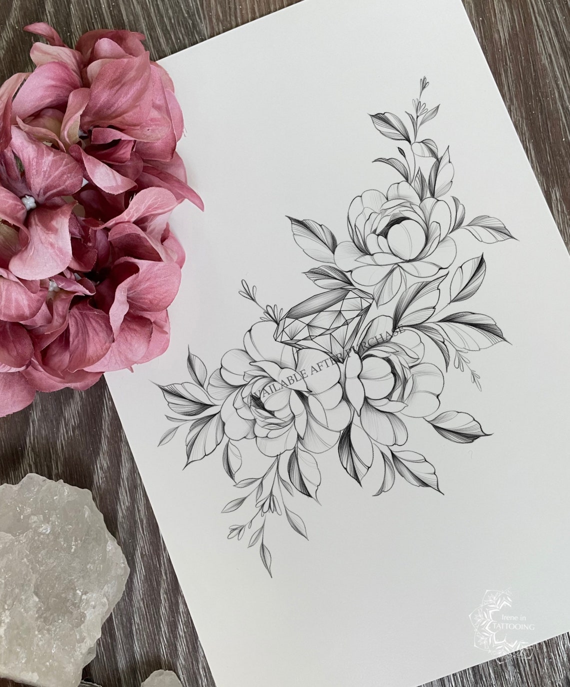 Peonies With Diamond Tattoo Design Instant Download - Etsy