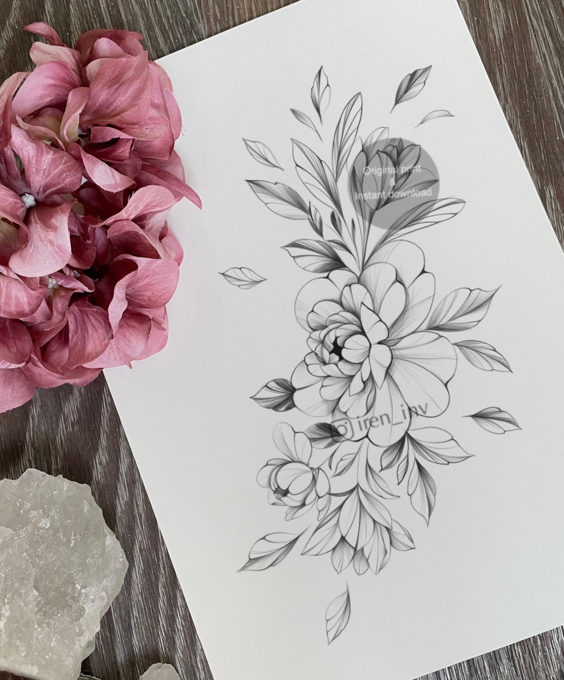 Tattoo Design Magnolia Peony Flowers Printable Stencil - Etsy
