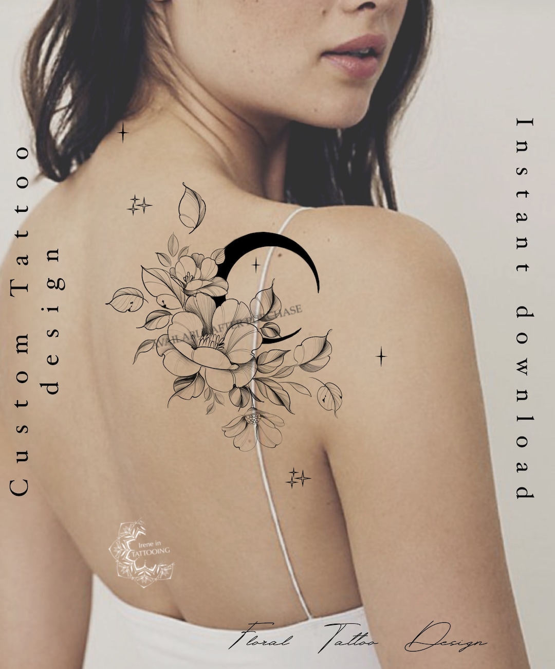 moon-with-star-and-flowers-tattoo-design-custom-tattoo-original-print-printable-stencil-etsy