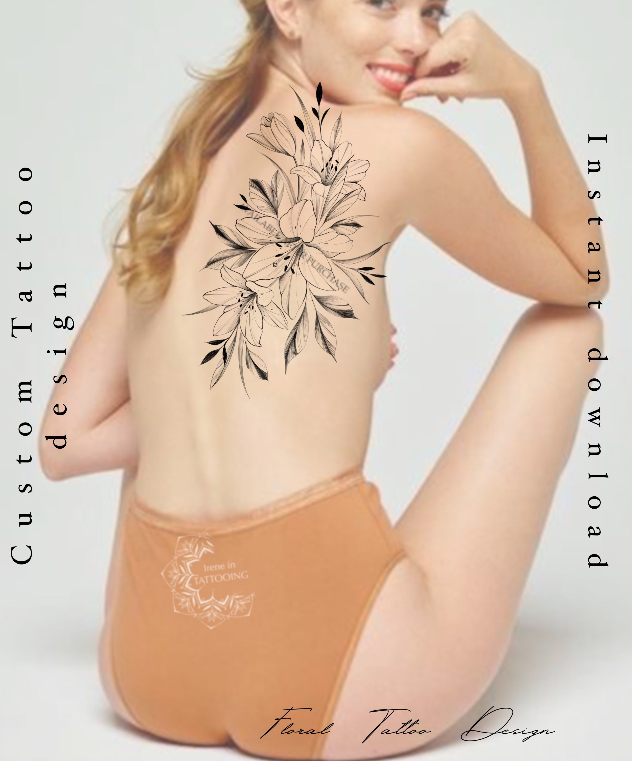 Lelie bloem tattoo ontwerp | Afdrukbaar stencil | Originele afdruk ..., حجم الصورة 2465x2970