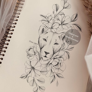 Lioness Tattoo Design With Flowers Instant Download Digital Design ...