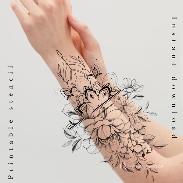 Peony Tattoo design | Instant download | Printable stencil | Custom tattoo design