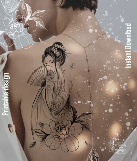 Tattoo Design | Instant Download | Japanese Girl With Peony