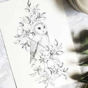Floral Owl Tattoo Design: Printable Stencil (Instant Download)