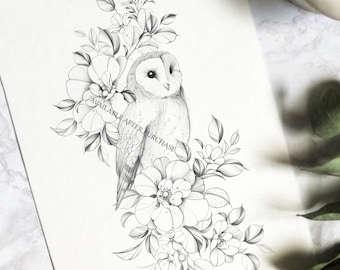 Floral Owl Tattoo Design: Printable Stencil (Instant Download)