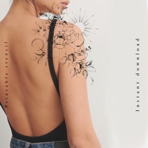 Peony, Sun, and Moon Tattoo Design | Printable Stencil (Instant Download)