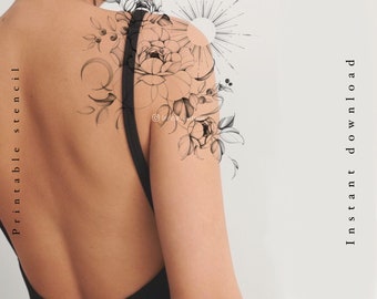 Tattoo design | Sun and moon with flowers | Blackberry peony tattoo design | Instant download | Printable stencil | Custom tattoo design