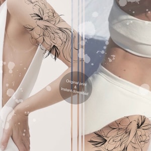 Tattoo design | The fish with spring flowers | Printable stencil | Instant download