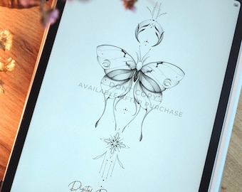 May include: A digital design featuring a black and white line drawing of a butterfly with intricate details. The butterfly is surrounded by a crescent moon and a geometric flower design. The text "Digital Design" and "IREN INV BOTANICAL ART" is at the bottom of the image.