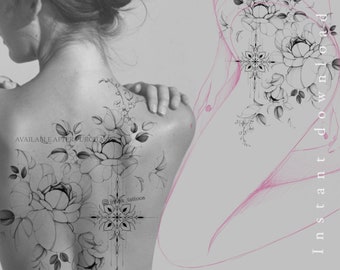 Tattoo Design | Forget-me-nots flowers | Peony | Instant download | Printable stencil | Png file | Digital art