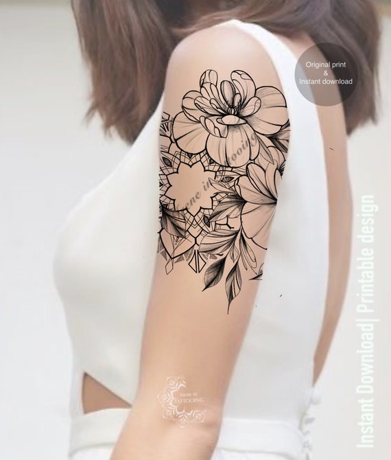 Mandala Flower Tattoo Design: Woodcut-inspired Graphic with Fluid Lines  Stock Illustration - Illustration of graphic, lines: 292648640