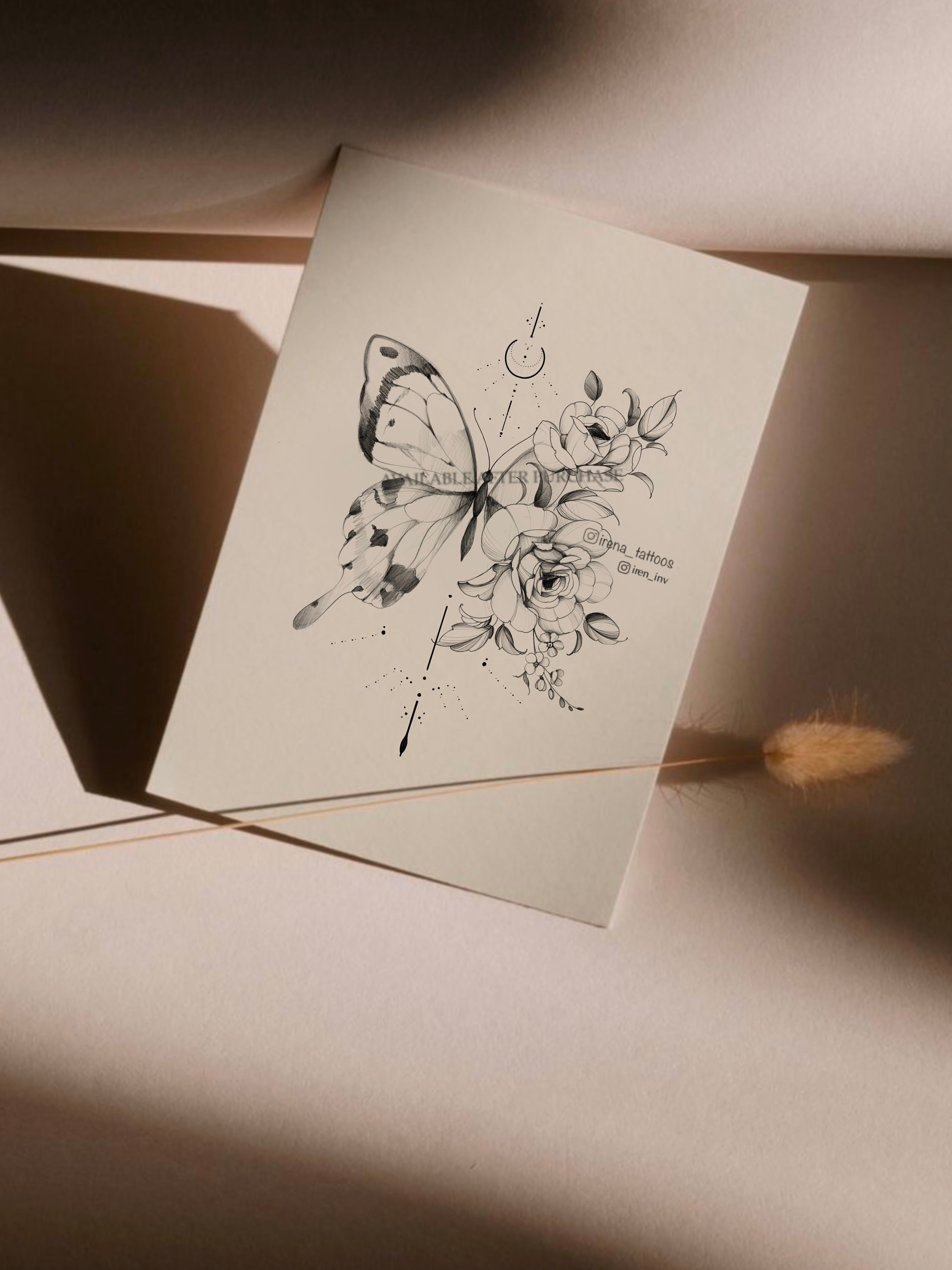 Tattoo-ontwerp | Vlinder met bloemen | Roos met vergeet-mij-nietjes |  Direct downloaden | Digitale afdruk - Etsy België, image size:2250x3000