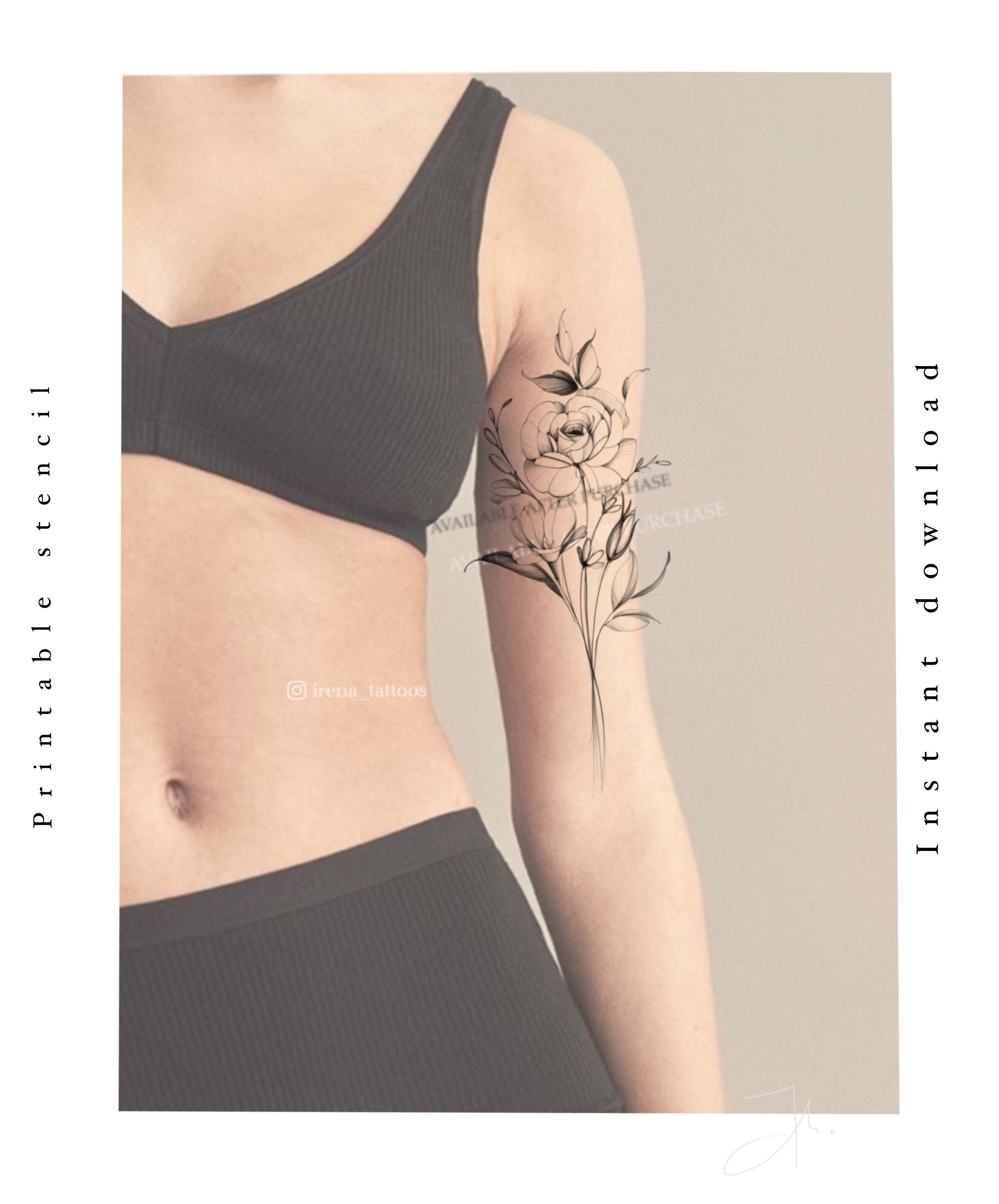 Tattoo design | Birth flower | Rose , freesia, lavender | Printable stencil | Digital download