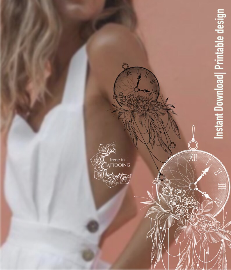 Clock & Dream Catcher Tattoo Design Instant Download Etsy