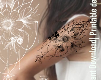 Tattoo design | Lotus ornament with flowers |  Floral & Ornament style for women | Digital download | Original drawing | Printable Stencil