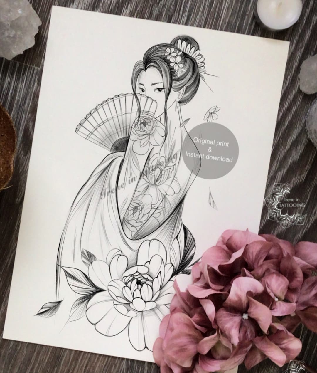 Diseño de tatuajes / Descarga instantánea / Chica japonesa con peonía /  Plantilla imprimible - Etsy México, image size:1080x1270