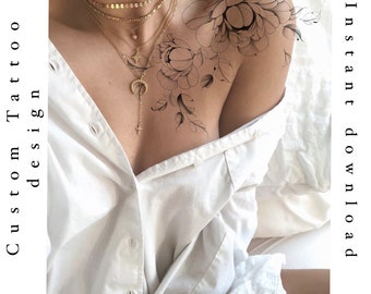 May include: A black and white floral tattoo design featuring a large flower with leaves and stems. The design is on a person's shoulder.