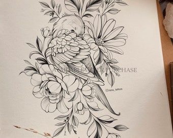 May include: A black and white line drawing of a bird perched on a branch of flowers. The bird is facing away from the viewer and has its head tucked under its wing. The flowers are in bloom and have delicate petals. The drawing is on a white background.