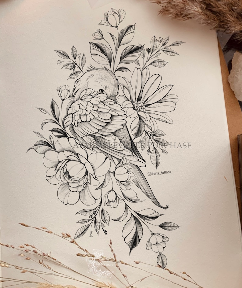 parrot sale with flowers tattoo design printable instant stencil