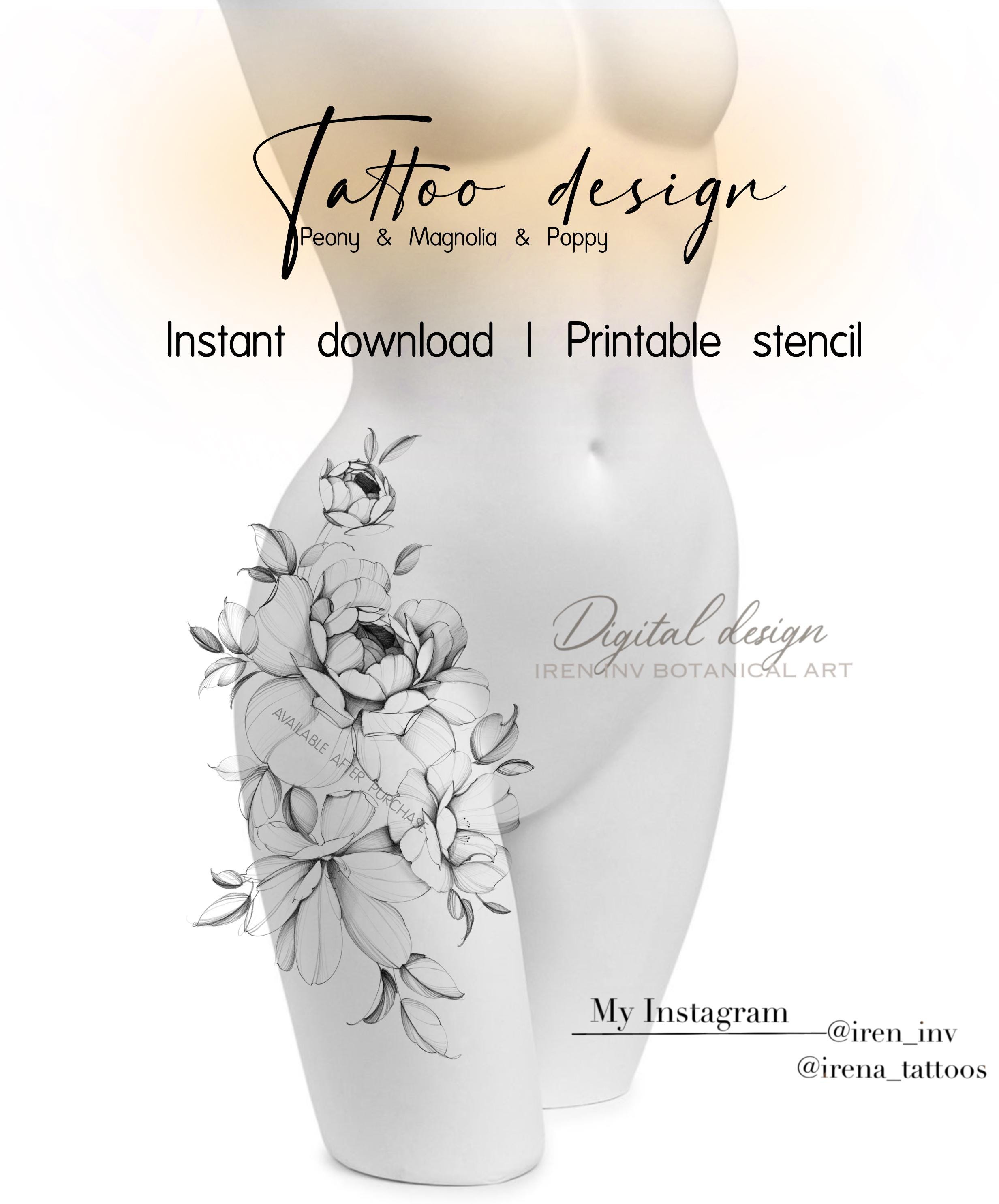 Tattoo design Peony poppy Magnolia download custom tattoo design original art
