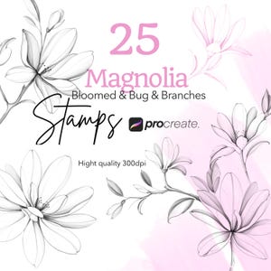 May include: 25 Magnolia Stamps for Procreate. A set of 25 hand-drawn magnolia flower stamps for digital art and design. The stamps include bloomed flowers, buds, and branches. High quality 300dpi.