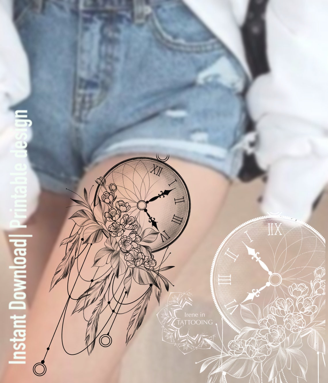 Clock & Dream Catcher Tattoo Design Instant Download Etsy