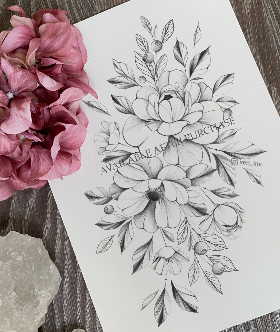 Tattoo Design Anemone Peony Flowers and Blackberry Instant Download ...