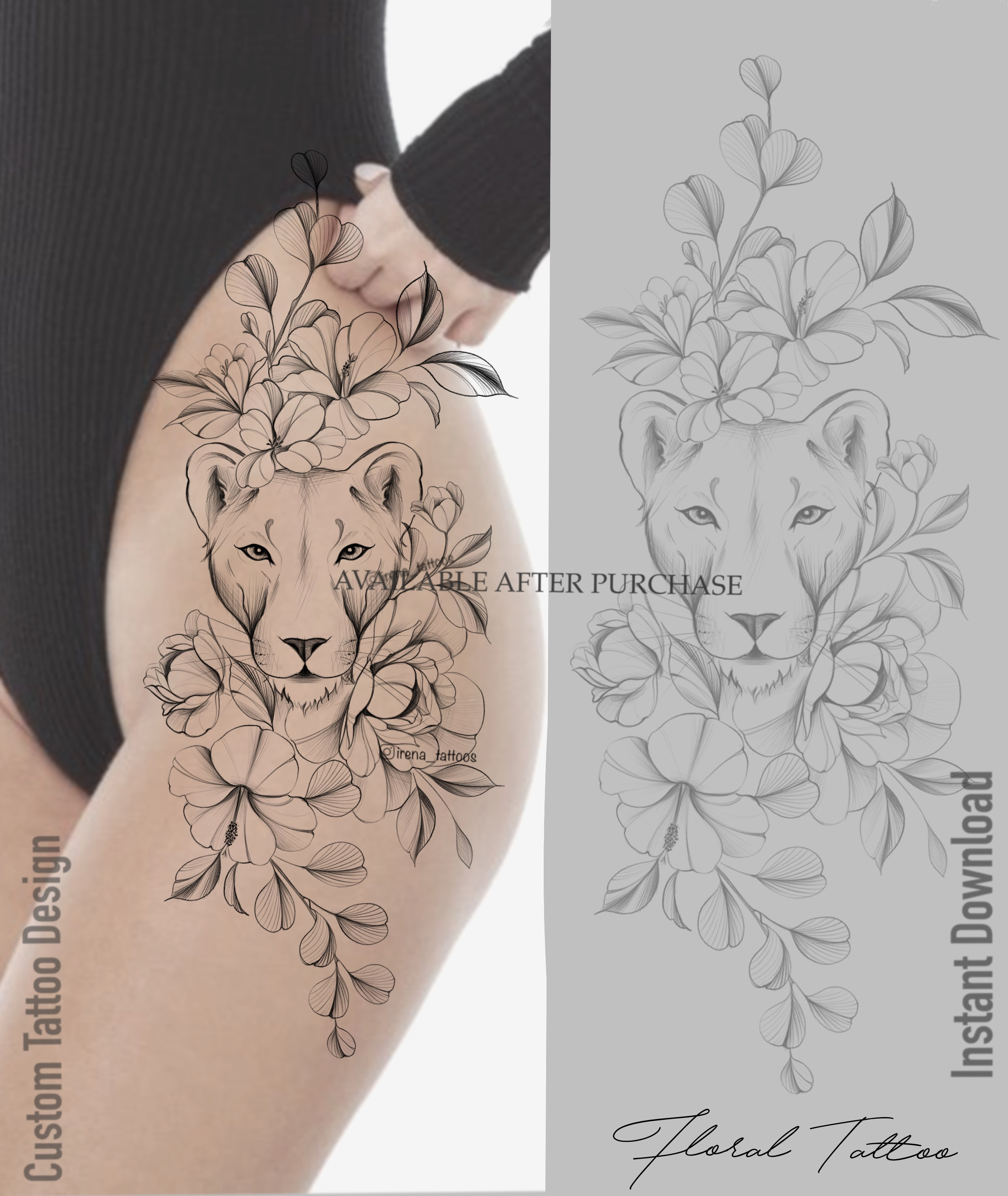 Diseño de tatuaje de leona con flores / Descarga instantánea / - Etsy España