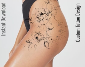 May include: A black and white floral tattoo design featuring peony flowers and leaves. The design is labeled "Instant Download" and "Custom Tattoo Design". The text "Digital design" and "Floral Tattoos" are also included.