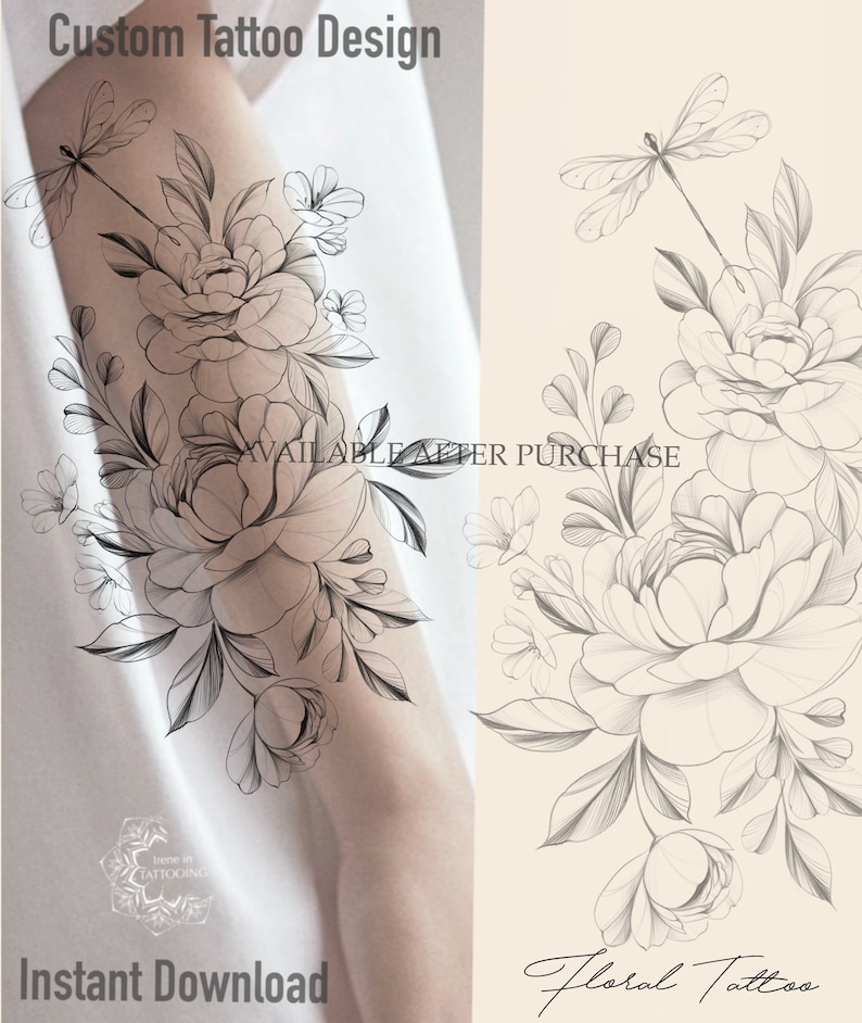 Dragonfly With Flowers Tattoo Design Printable Stencil | Etsy