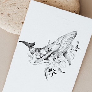 Whale Tattoo design | Flowers tattoo | Instant Dowload |Printable stencil |