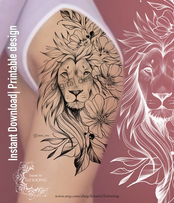 Lion & Flowers Tattoo Design Instant Download Original Etsy