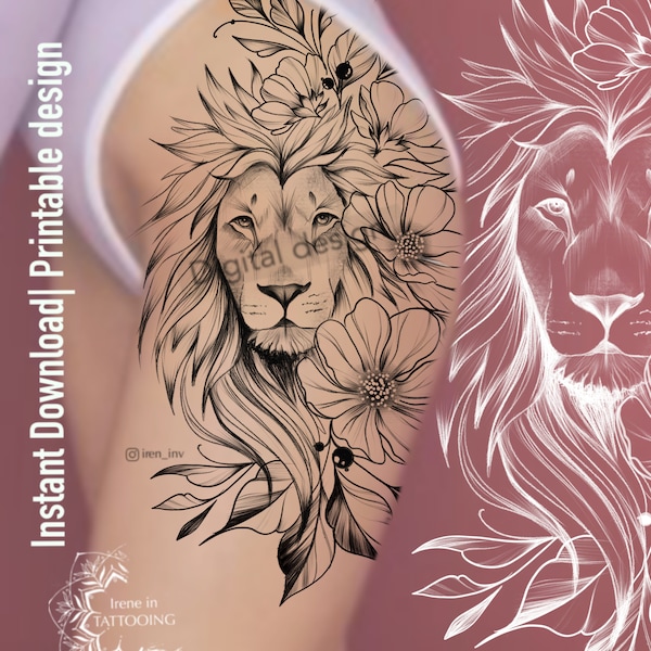 | дизайна татуировки Lion and Flowers Мгновенная загрузка | Оригинальная печать| Графический рисунок