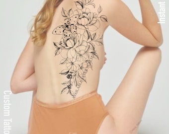 May include: A custom tattoo design featuring a detailed floral and butterfly illustration. The design, in black ink, includes peonies, leaves, and berries, with the text "AVAILABLE AFTER PURCHASE" and "Custom Tattoo Design".