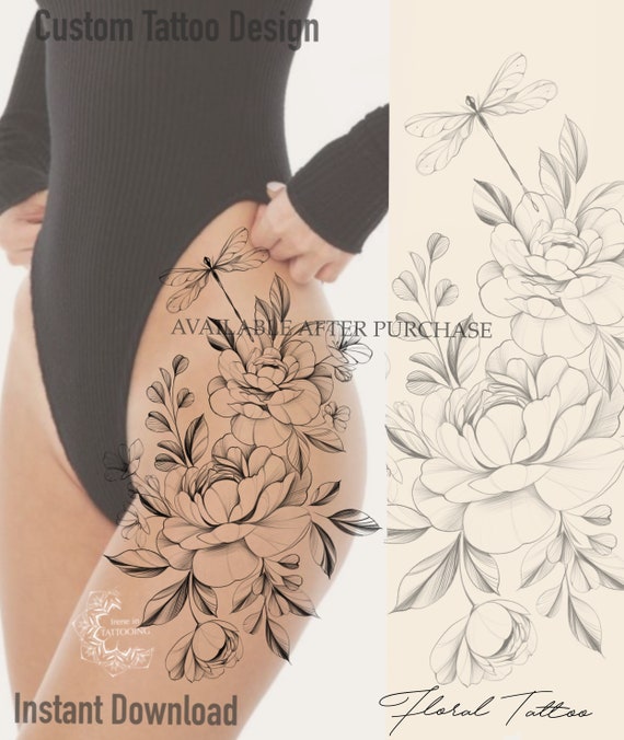 dragonfly with flowers tattoo design printable stencil etsy