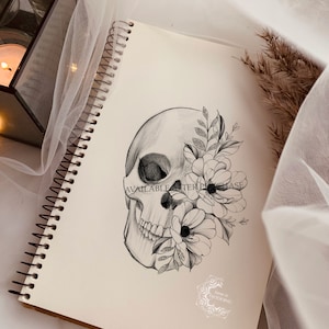 Tattoo design | Skull with flowers anemones | Instant download | Printable stencil | Custom tattoo design