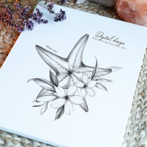Könnte beinhalten: Eine digitale Schwarzweißillustration eines Seesterns mit Blumen. Der Seestern befindet sich in der Mitte des Bildes und die Blumen sind um ihn herum angeordnet. Das Bild hat einen weißen Hintergrund.