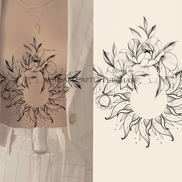 | de conception de tatouage Téléchargement instantané | Soleil avec des fleurs | Pochoir imprimable | | d’impression originaux Téléchargement numérique