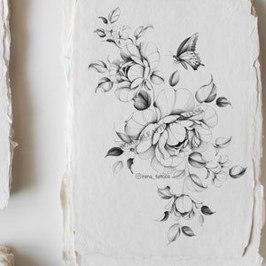 Peony Tattoo design | Butterfly tattoo | Instant download |Printable stencil | Custom tattoo design