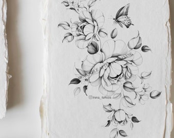 May include: A black and white line drawing of a floral bouquet with a butterfly. The bouquet features a large peony with smaller flowers and leaves. The butterfly is perched on a leaf.