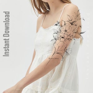 Floral Tattoo Design: Peony, Anemone, Poppy Stencil (Digital Download)