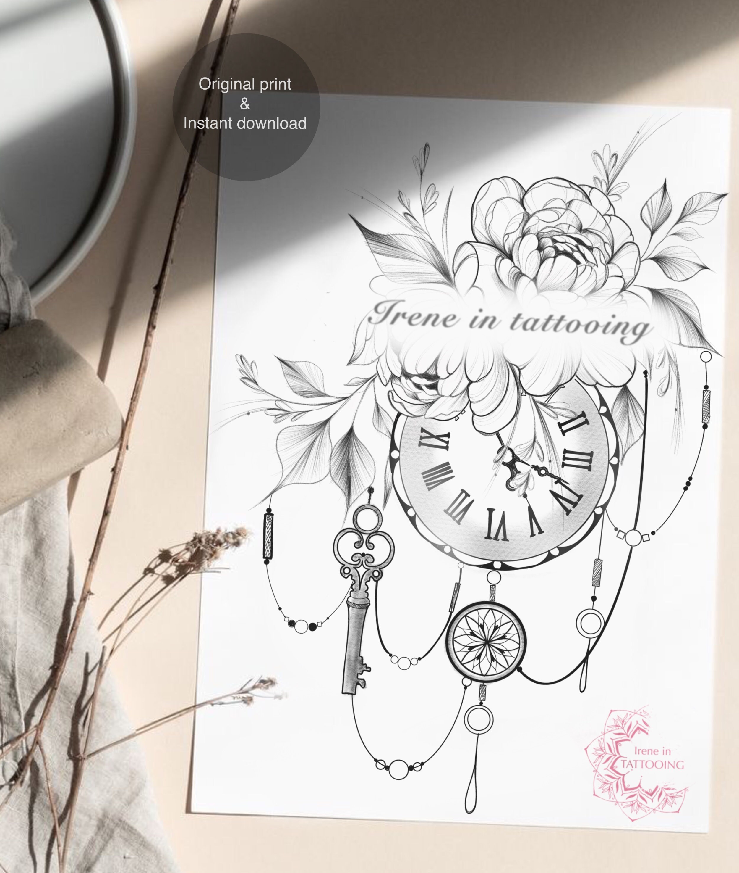Clock With Key Tattoo Design Instant Download Floral Etsy