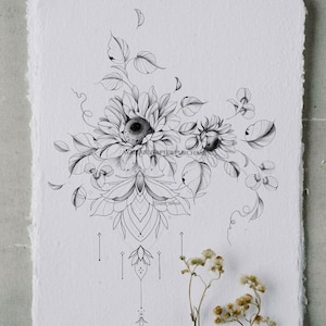 Tattoo design | The Sunflower   With lotus ornament | Instant download | Printable stencil
